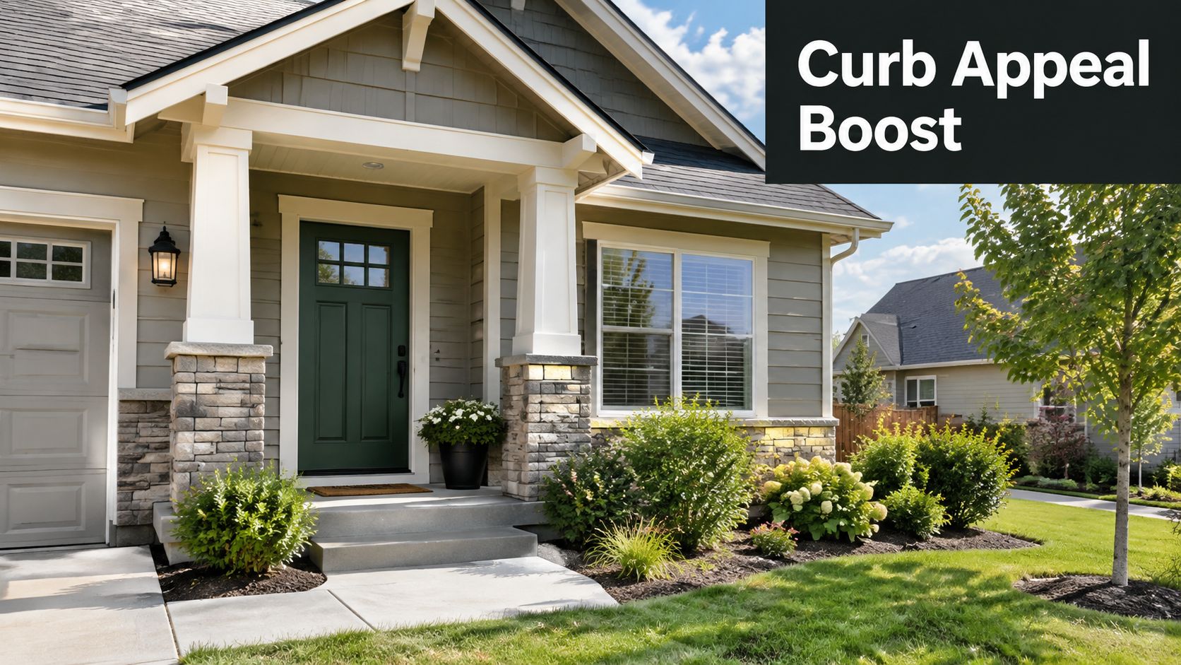 A craftsman style house with a dark green front door and stone pillars, featuring lush front yard landscaping.