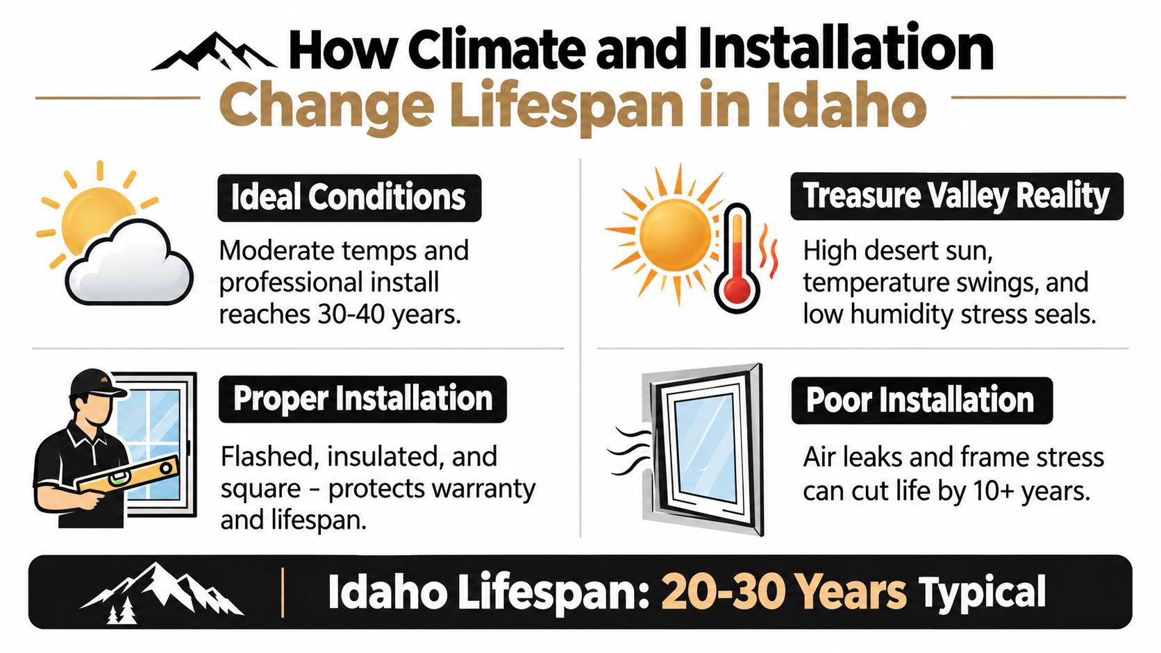 An infographic detailing how climate and installation quality impact the lifespan of vinyl windows in Idaho.