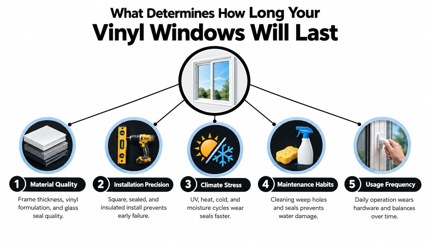 An infographic showing five key factors that determine the lifespan of residential vinyl window installations.