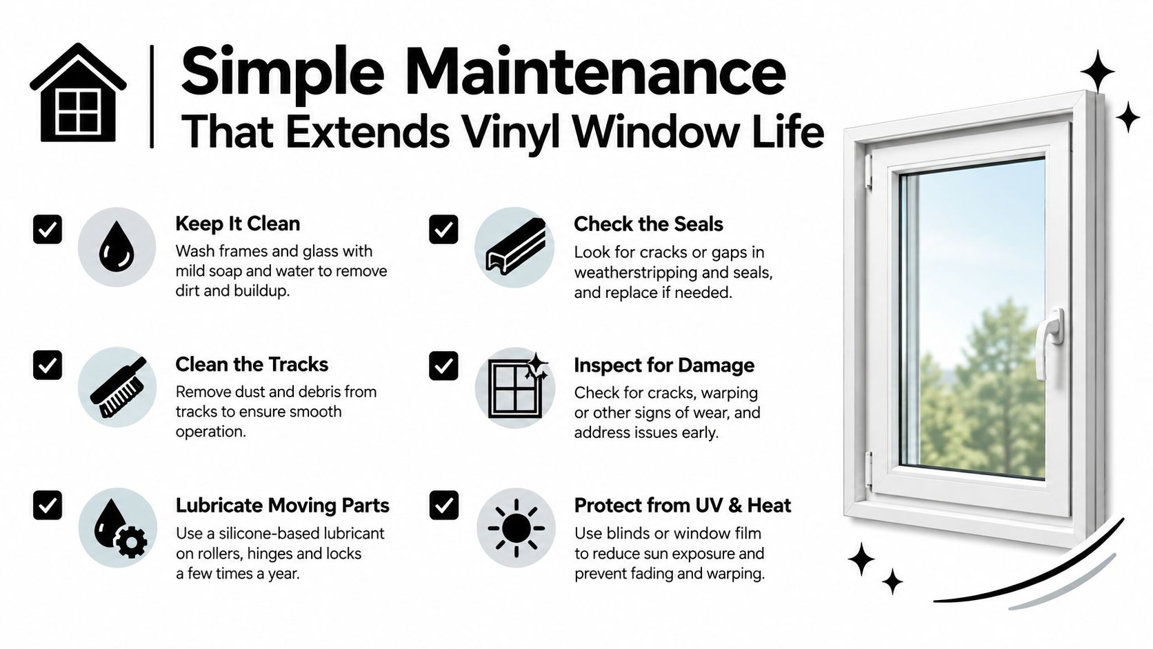 An infographic titled Simple Maintenance That Extends Vinyl Window Life with six tips for window care.