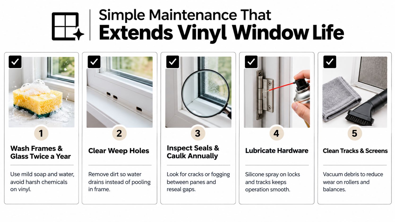 A five-step guide for simple vinyl window maintenance to extend their lifespan with cleaning and inspection tips.