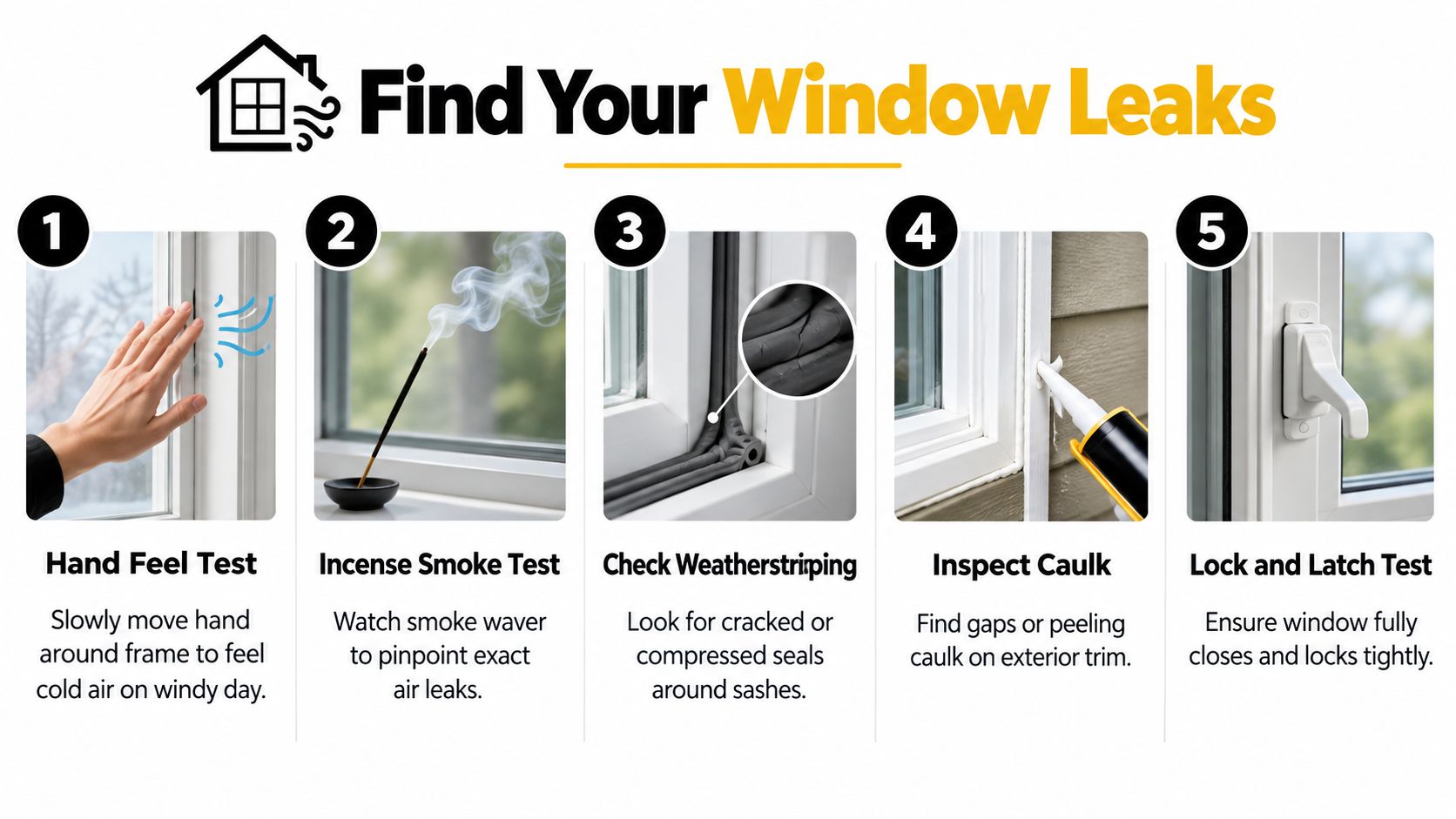 A five-step guide illustration showing various methods to detect air leaks in home windows.