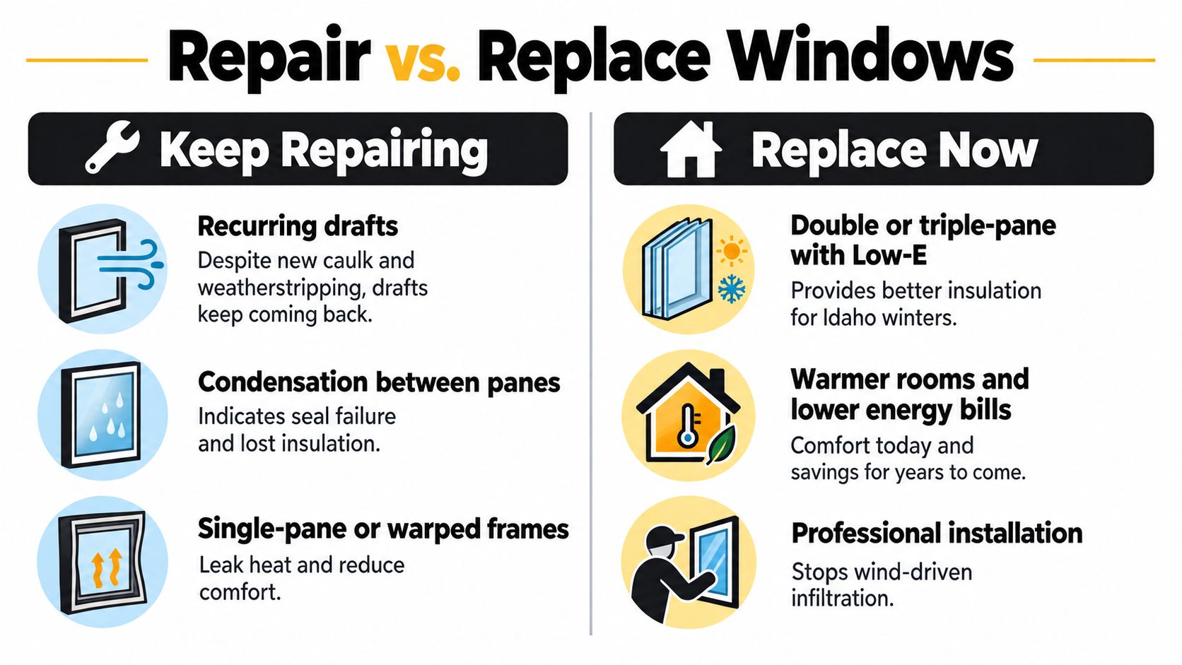 A comparison chart showing when to repair or replace old residential windows to improve home energy efficiency.