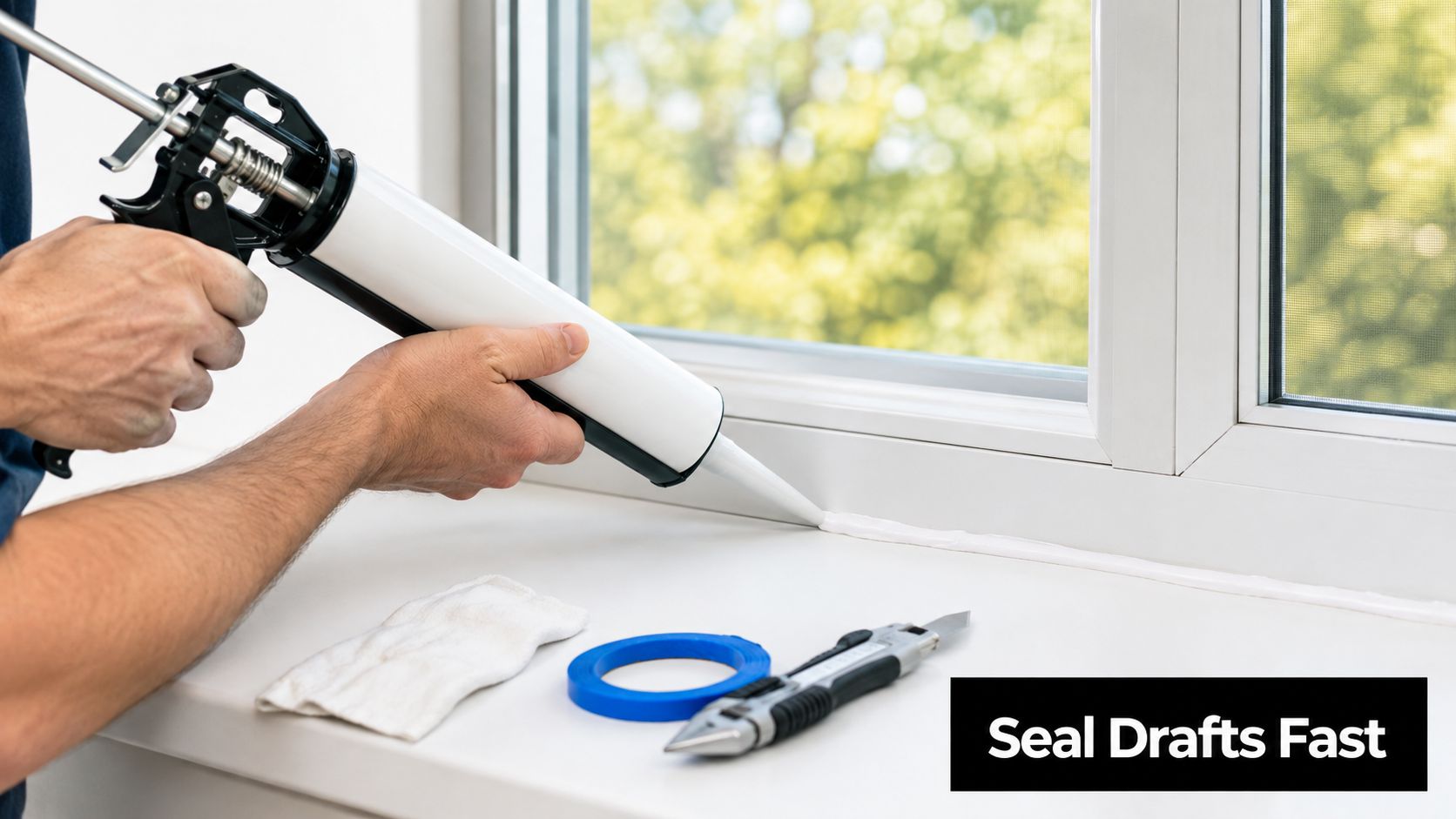 A person using a caulk gun to seal the edge of a window to block cold drafts.
