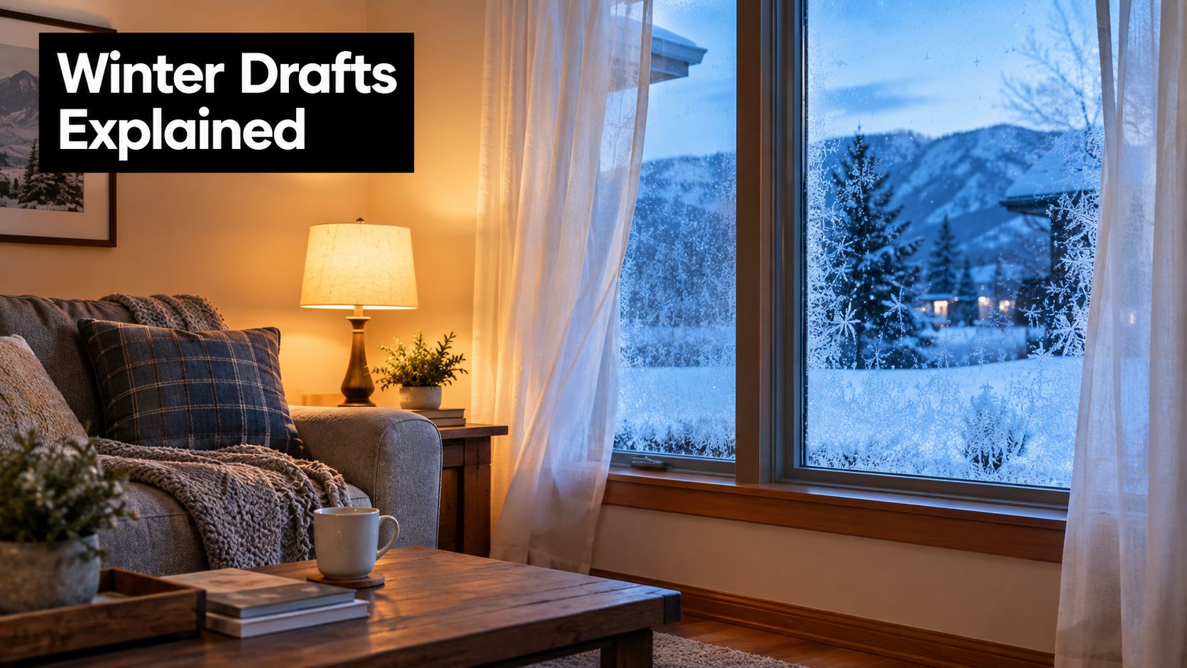 A cozy indoor living room scene with a view of a frosty, snow-covered landscape through a window.