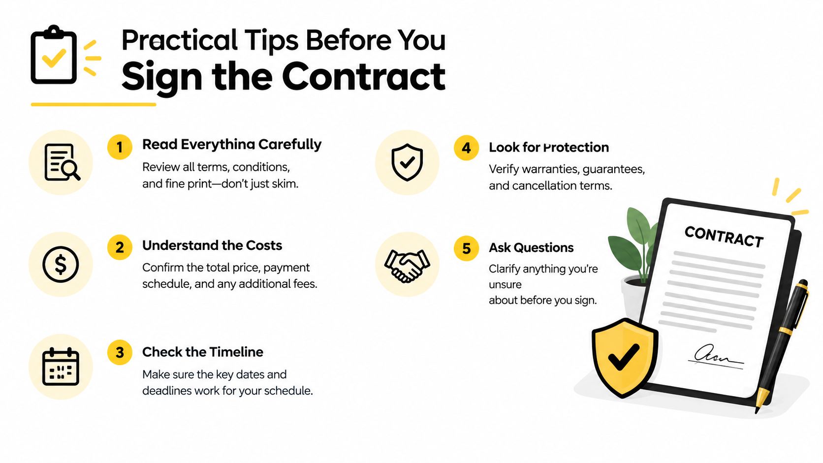 An infographic showing five practical tips to consider before signing a contract for a project.