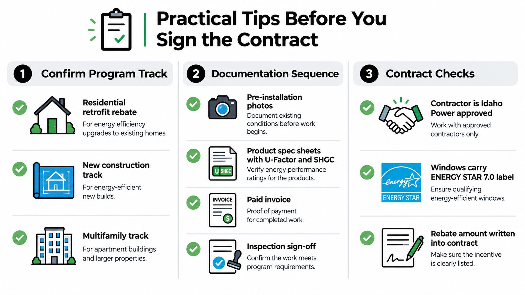 An infographic titled Practical Tips Before You Sign the Contract outlining three steps for Idaho Power window rebates.