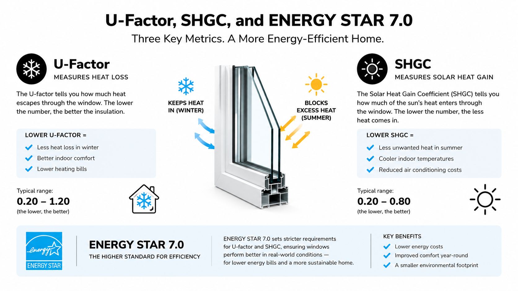 An infographic explaining window U-Factor, SHGC ratings, and Energy Star 7.0 standards for home energy efficiency.