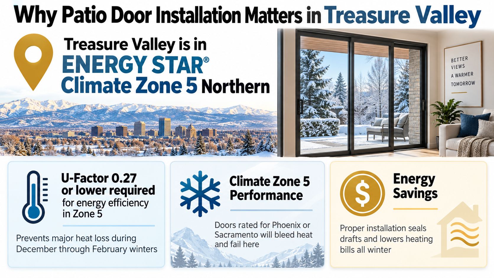 An infographic explaining why proper patio door installation is crucial for energy efficiency in Treasure Valley, Zone 5.