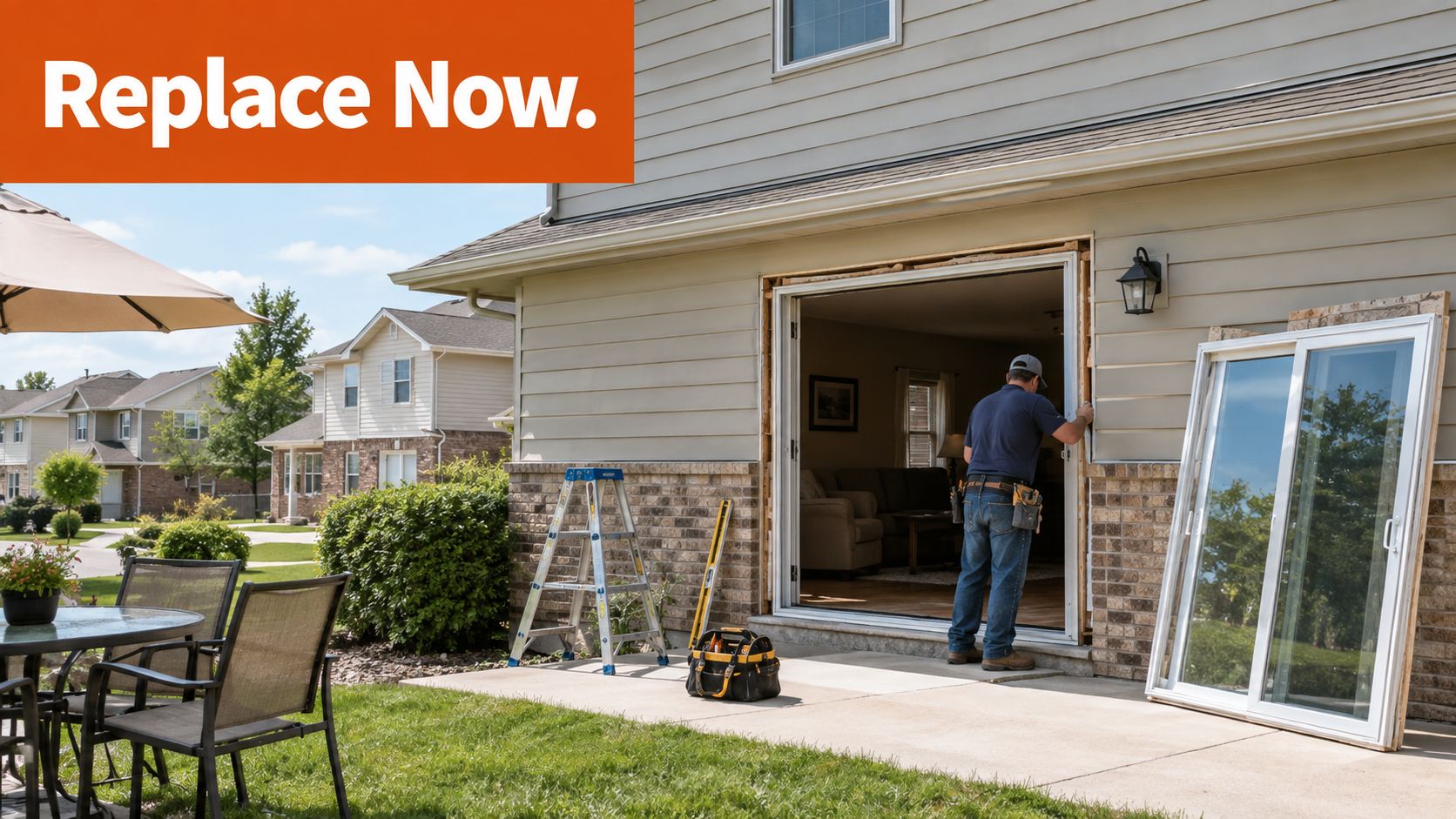 A professional construction worker installing a new sliding glass patio door at a residential suburban home exterior.