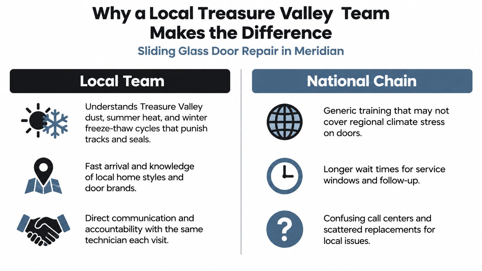 A comparison chart showing benefits of local Treasure Valley sliding glass door repair versus national chains.