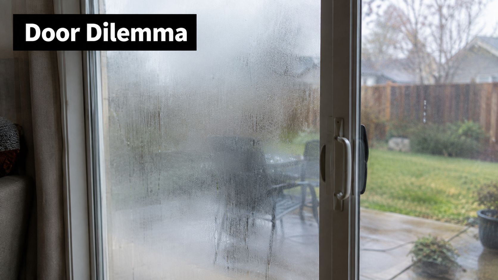 A condensation-covered sliding glass door showing a blurry backyard view, indicating a potential seal failure issue.