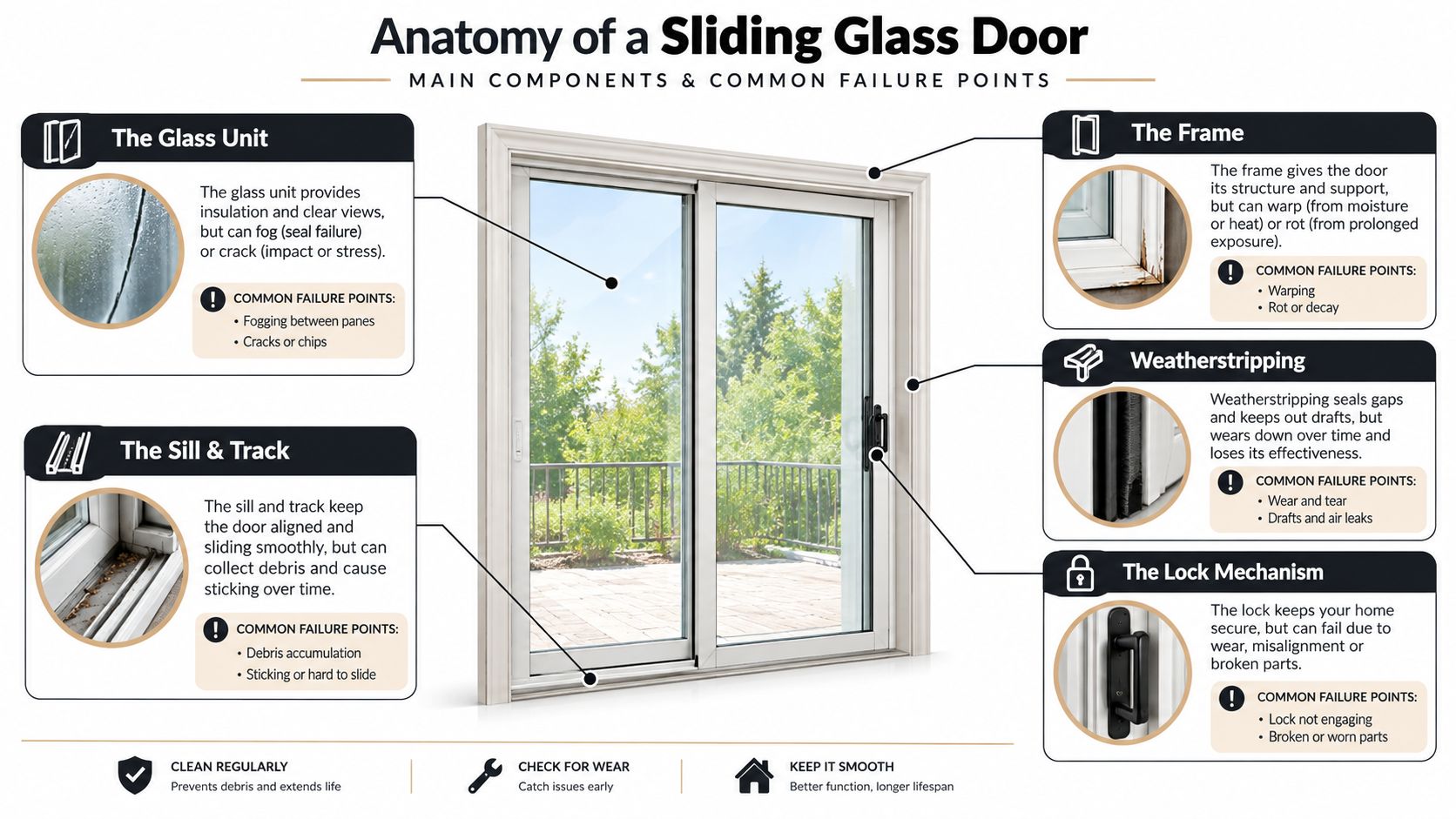 An infographic detailing the anatomy, main components, and common failure points of a sliding glass door.