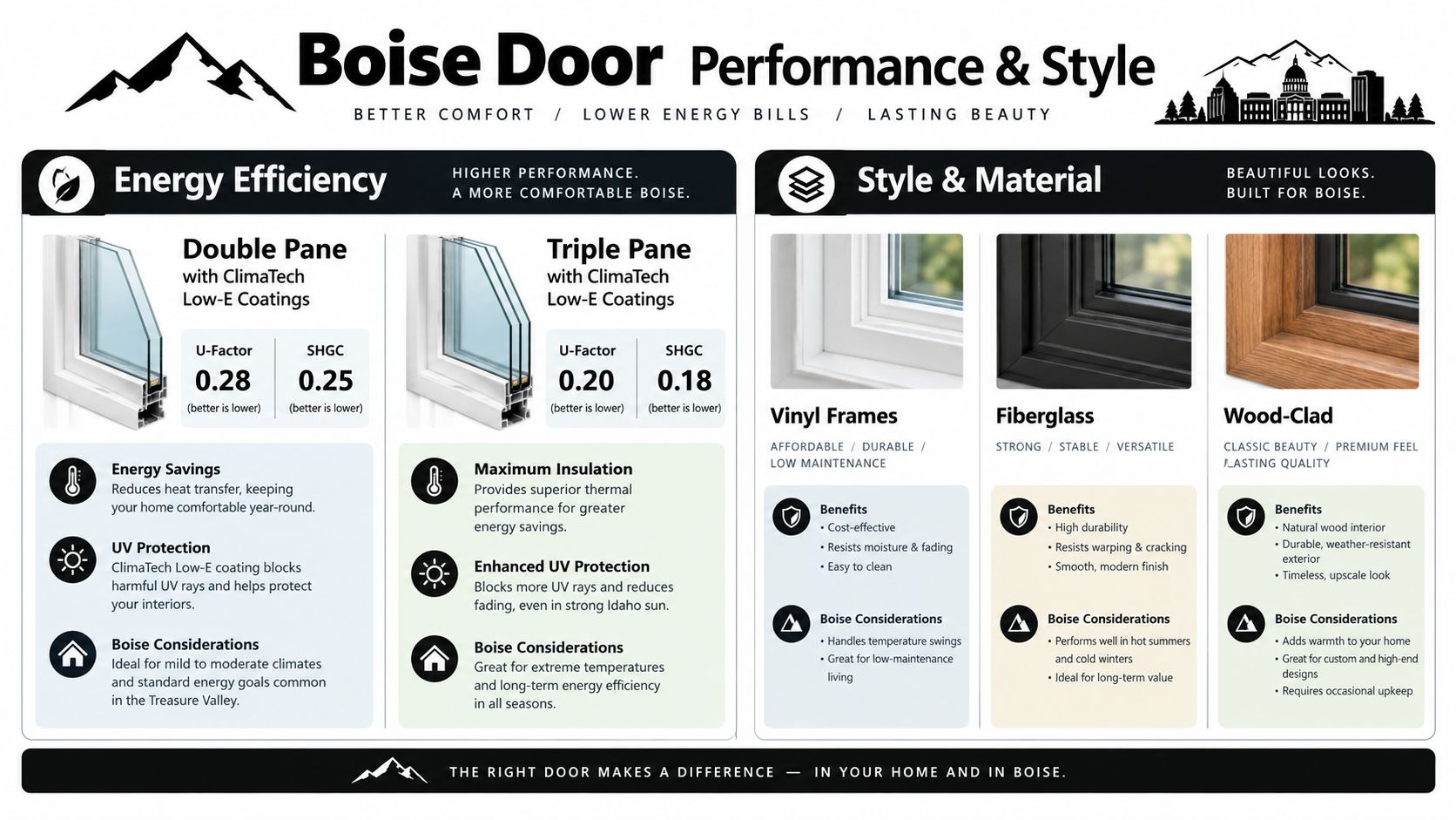 A comparison chart of Boise Door window performance, detailing energy efficiency ratings and material options for homes.