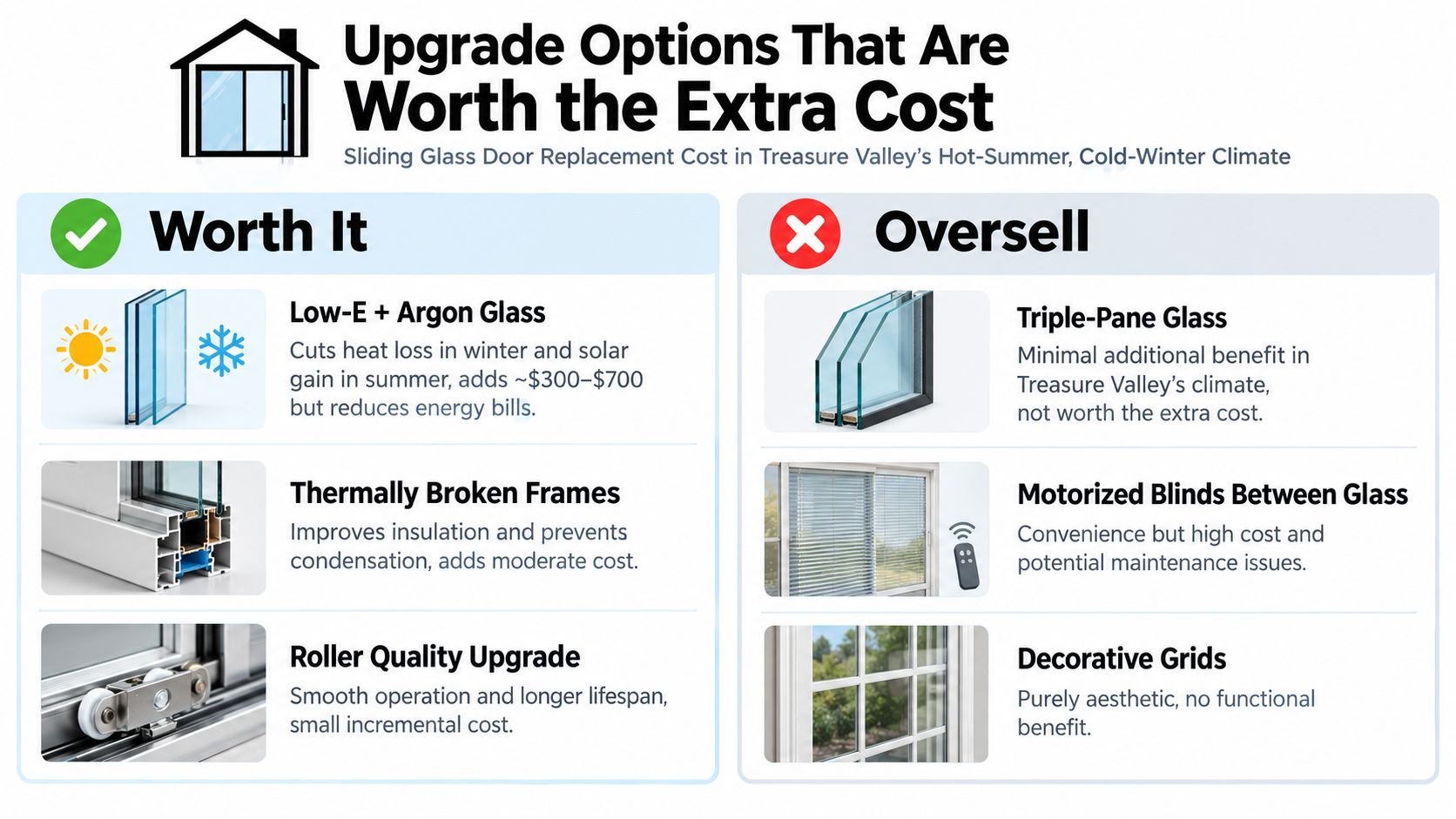 A comparison chart showing recommended and unnecessary upgrade options for sliding glass door replacements in Treasure Valley.