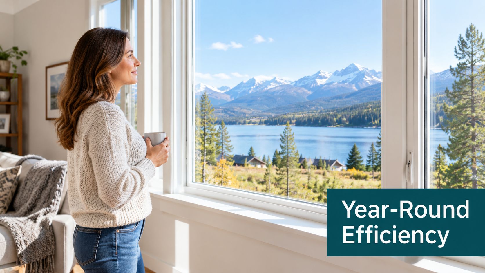 A woman holding a coffee mug looking out a large window at a beautiful mountain lake view.