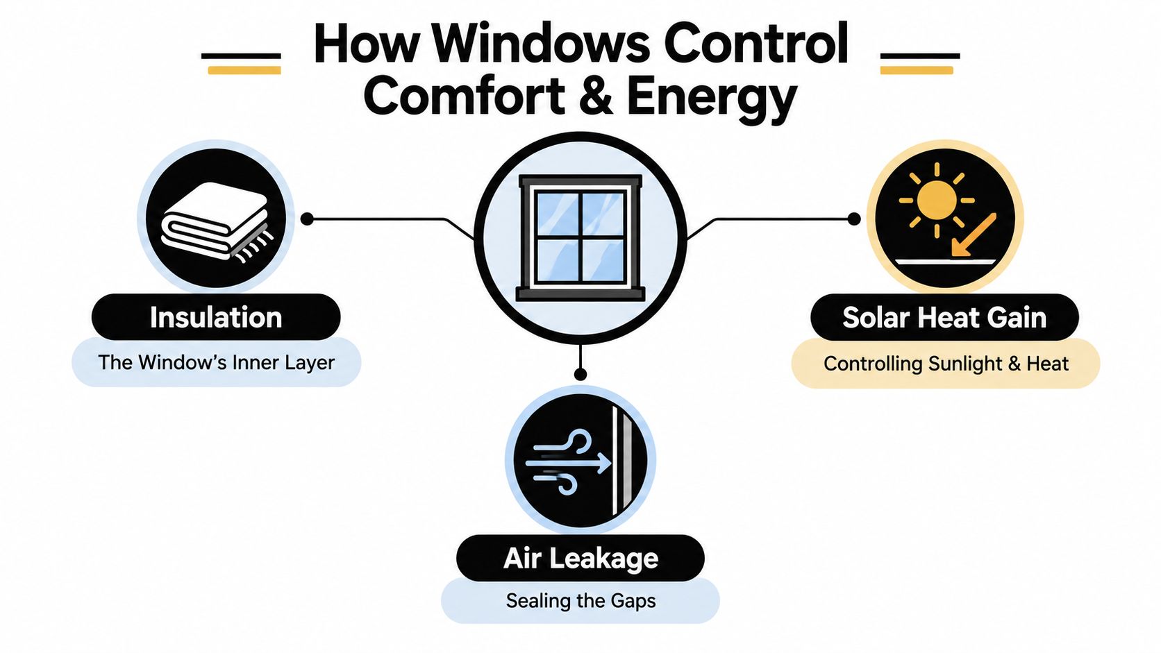A diagram illustrating how window properties like insulation, air leakage, and solar heat gain impact home comfort.