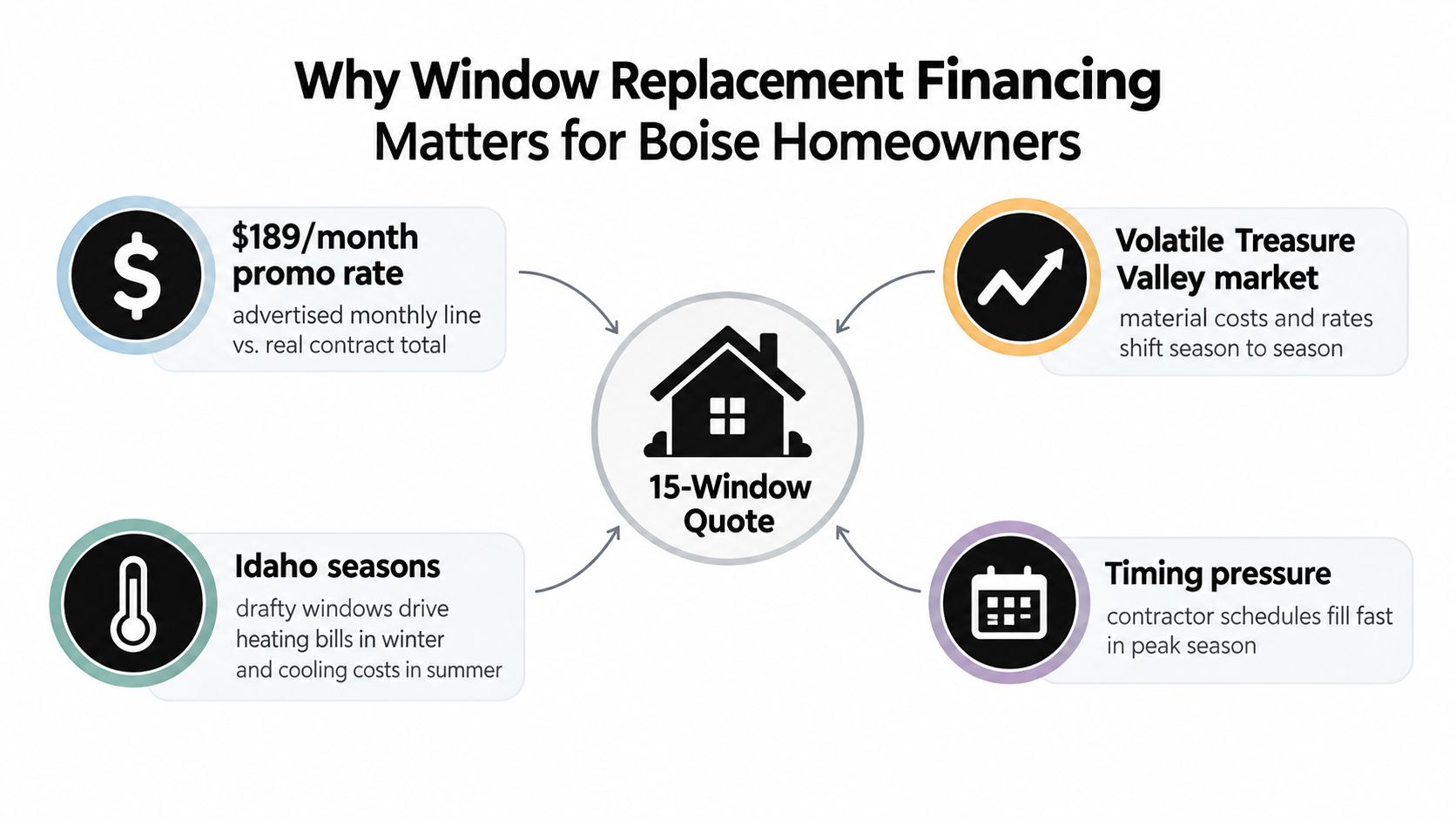 An infographic titled Why Window Replacement Financing Matters for Boise Homeowners showing key considerations for a 15-window quote.
