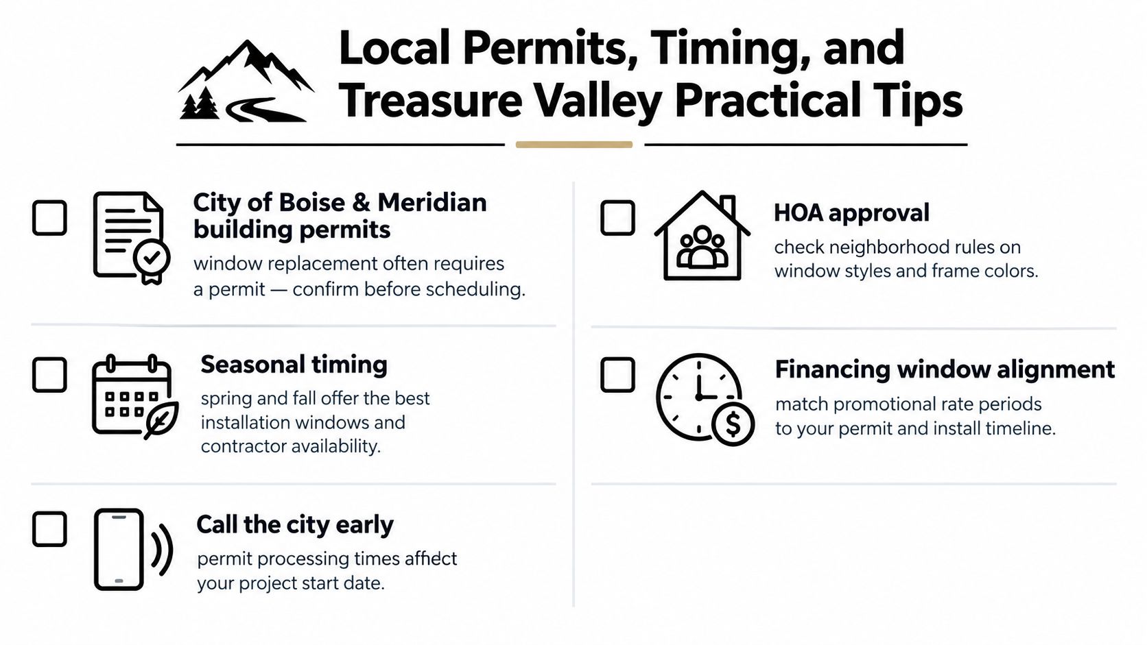 A list of practical tips for window replacement projects in Boise and Meridian, including permits and timing.