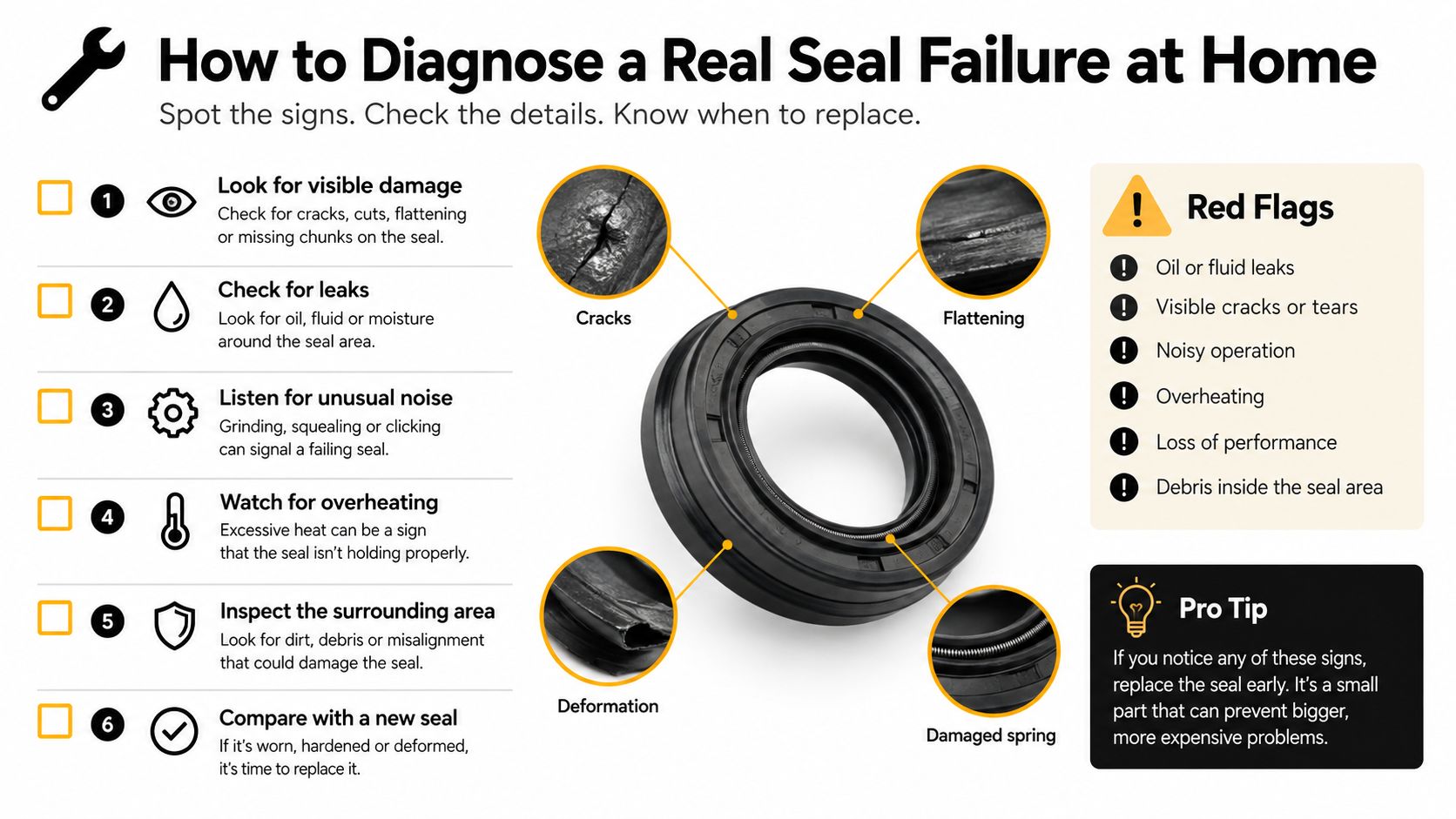 An infographic titled How to Diagnose a Real Seal Failure at Home showing inspection steps and symptoms.