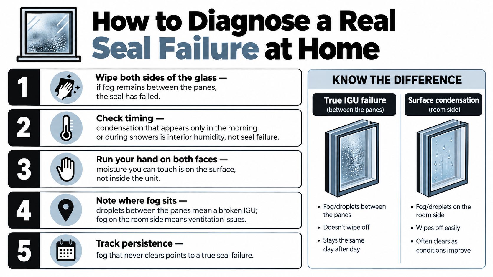 An infographic detailing five simple steps to determine if your double-pane window has a seal failure.