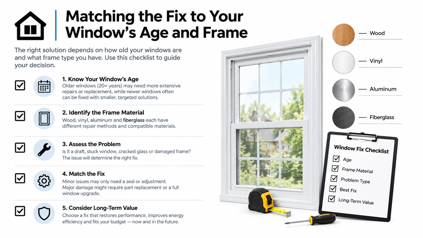 An infographic detailing steps to match window repair solutions based on age, material, and specific damage type.