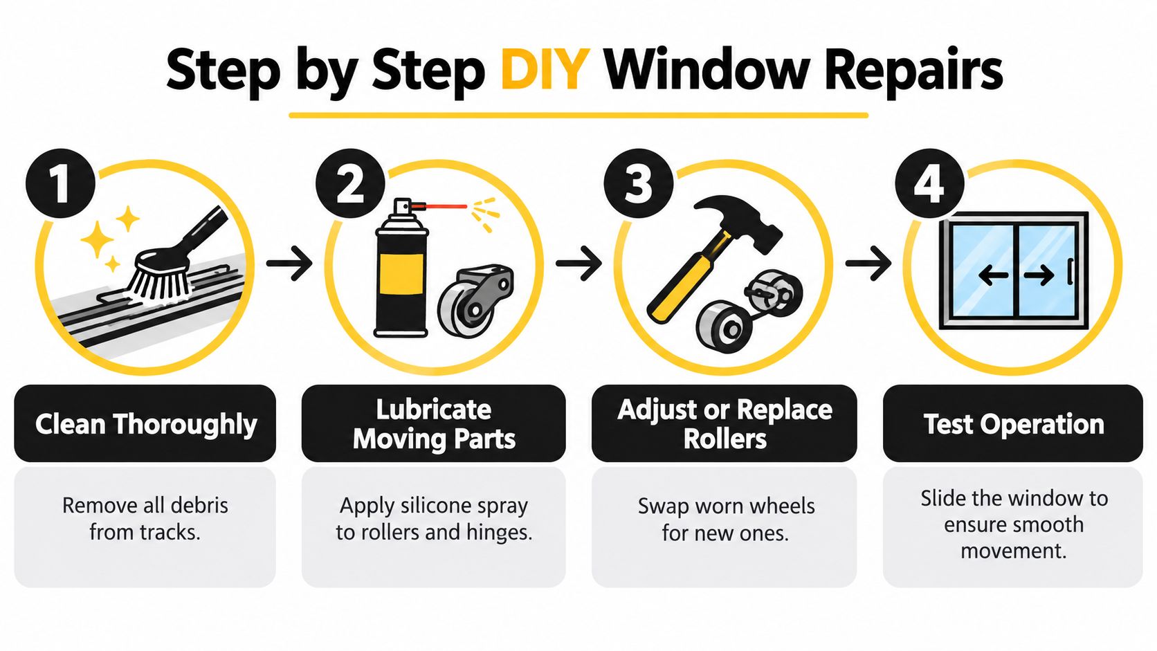 A four-step infographic illustrating how to fix windows that are difficult to open and close.