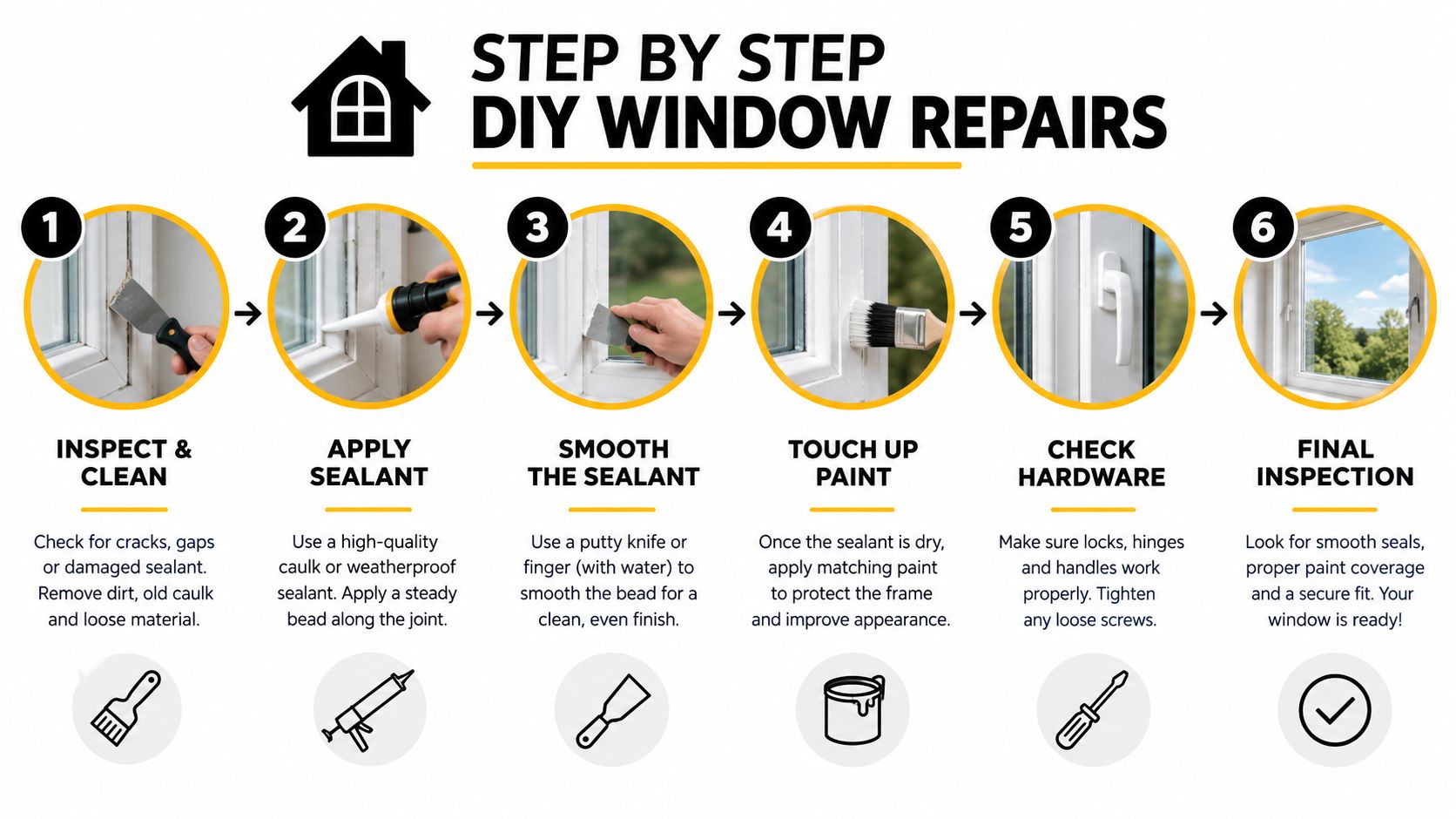 A step-by-step infographic showing how to repair and maintain home windows with six easy tasks.
