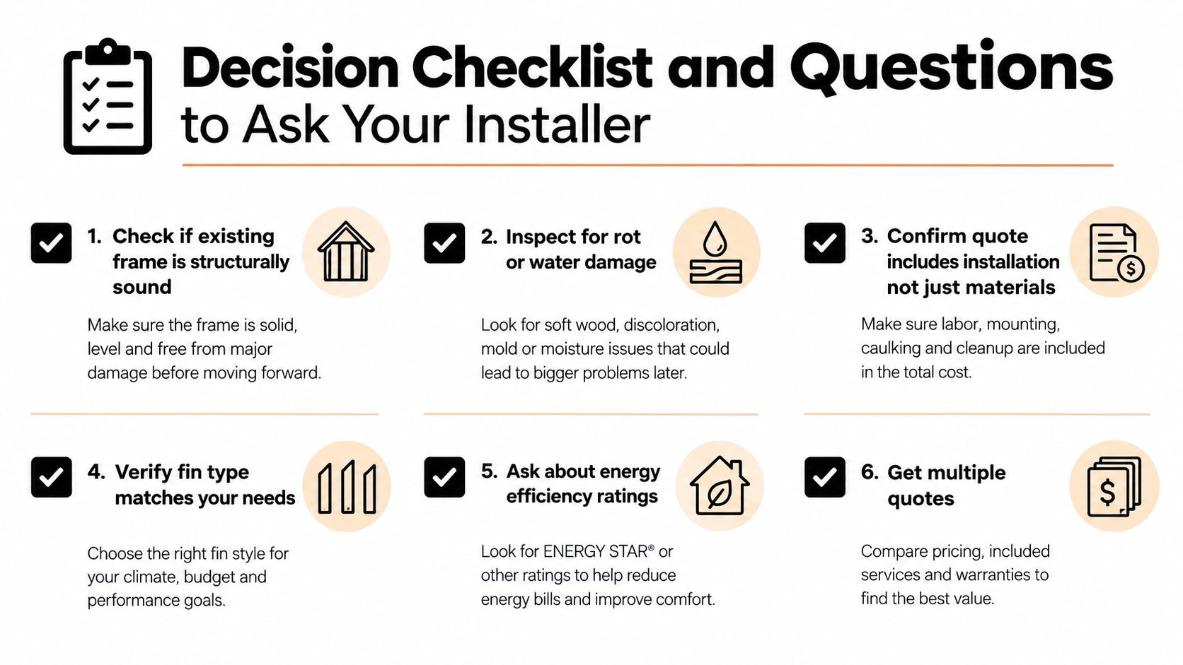 A helpful checklist with six key questions to ask an installer before installing replacement windows.