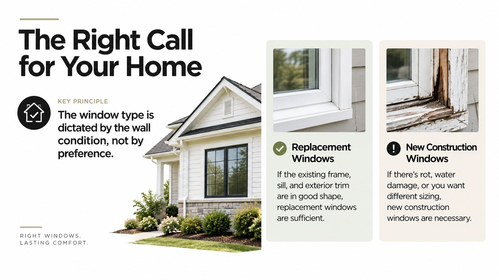 An infographic comparing replacement windows and new construction windows based on home wall and frame conditions.