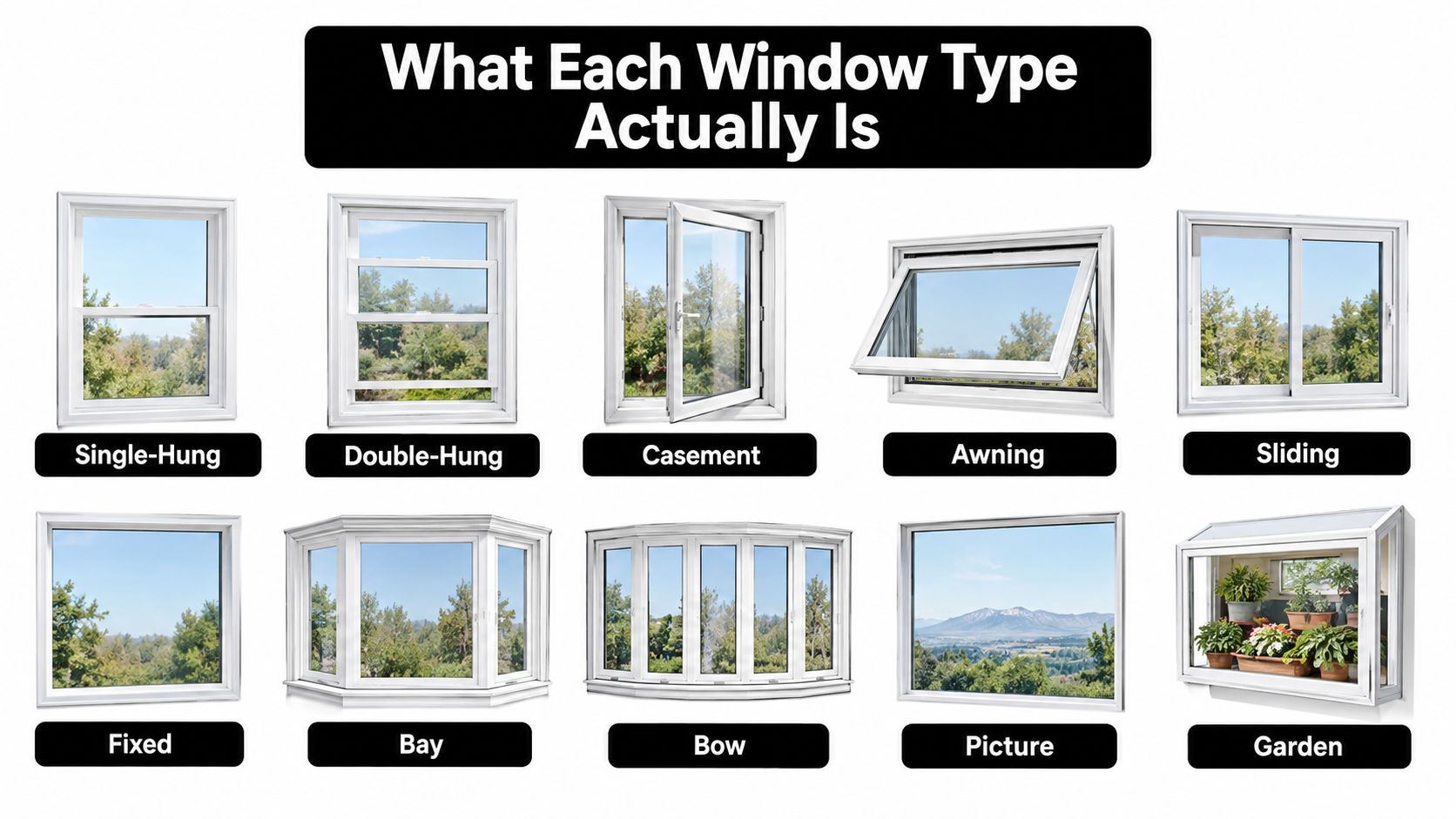 A visual guide comparing various common residential window styles including single-hung, casement, sliding, and bow windows.